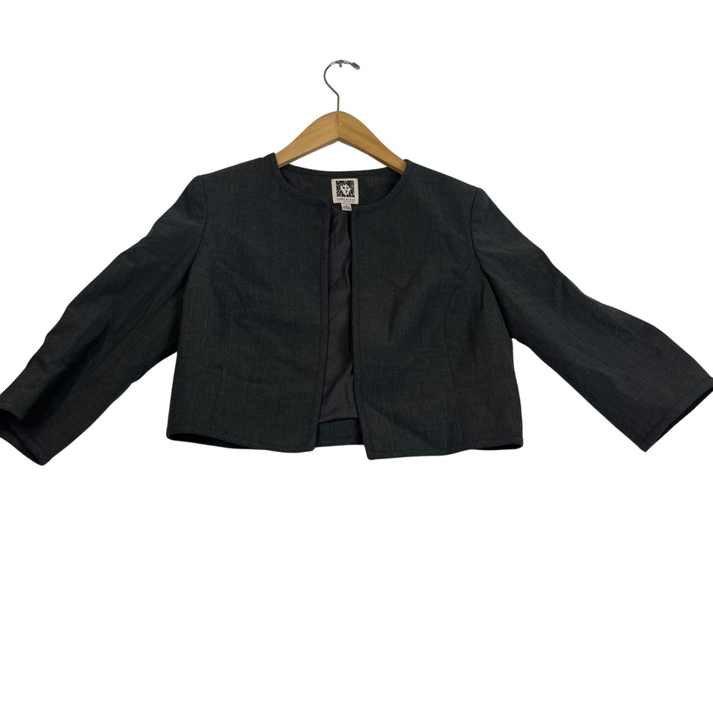 Anne Klein Gray Wool Blend Cropped Open Front Blazer Jacket Size 4
